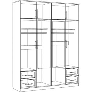 Картинка Шкаф 8-ми дверный - 4 ящика с зеркалами черно-белая схема ракурс-1
