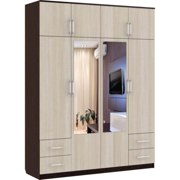 Картинка Шкаф 8-ми дверный - 4 ящика с зеркалами Венге Беленый Дуб дизайн-1 ракурс-1