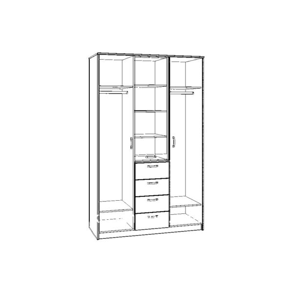 Картинка Шкаф 3-х дверный – 4 ящика с зеркалом В-2 черно-белая схема ракурс-1