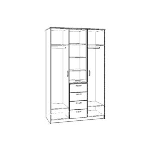 Картинка Шкаф 3-х дверный – 4 ящика с зеркалом В-2 дизайн 2 черно-белая схема ракурс-1