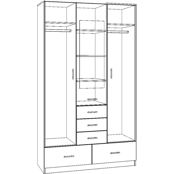 Картинка Шкаф 3-х дверный – 5 ящиков с зеркалом черно-белая схема ракурс-1