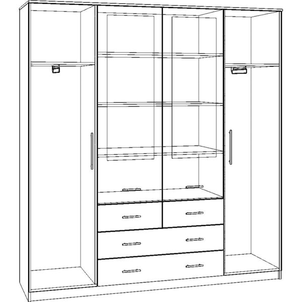 Картинка Шкаф 4-х дверный - 4 ящика с зеркалами В-1 черно-белая схема ракурс-1